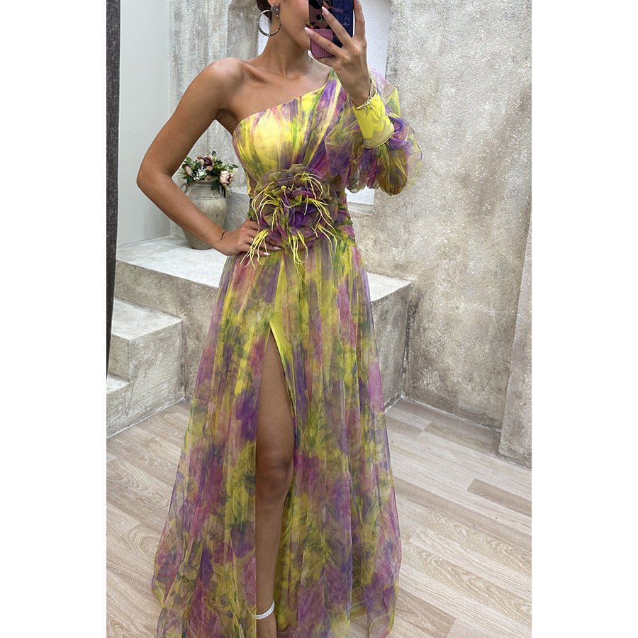 Robe Longue Fendue Tie-Dye Épaule Nue