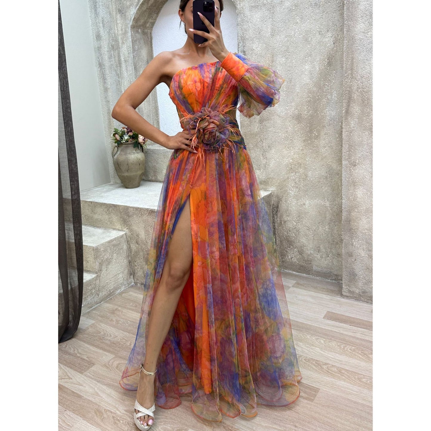 Robe Longue Fendue Tie-Dye Épaule Nue