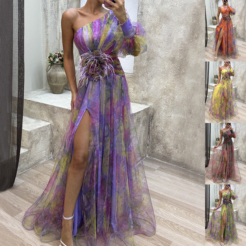 Robe Longue Fendue Tie-Dye Épaule Nue