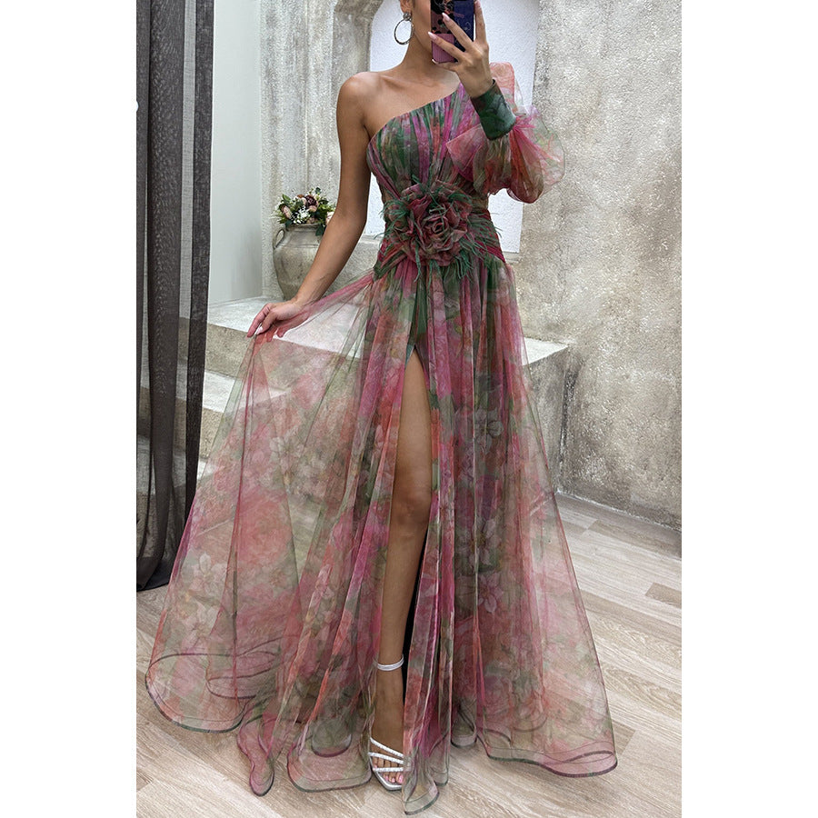 Robe Longue Fendue Tie-Dye Épaule Nue