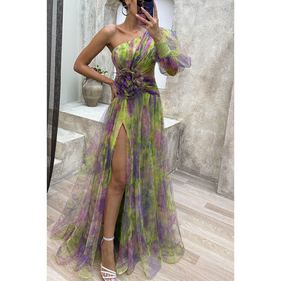 Robe Longue Fendue Tie-Dye Épaule Nue