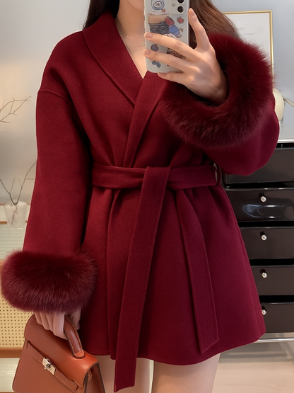 Manteau en Laine à Poignets en Fourrure