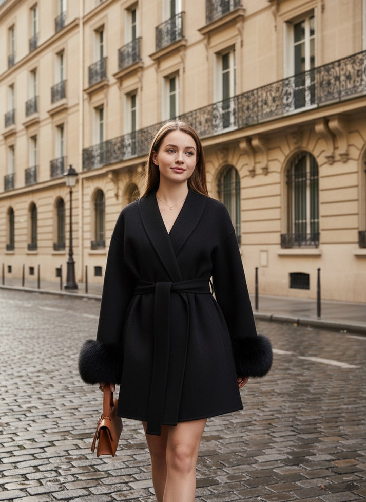 Manteau en Laine à Poignets en Fourrure